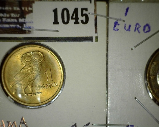 1973 Greece Dracmai with Owl design, Gem BU; & 2007 One Euro with Greece Owl, Gem BU.