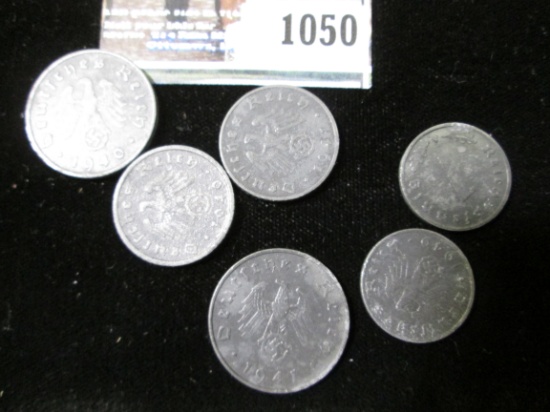 Six Nazi Zinc Coins, One, Five, & Ten Pfennig (2 of each).