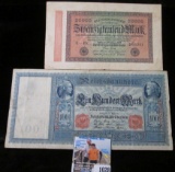 Two Old German Banknotes dated 1910 Oner Hundred Mark & 1923 20,000 Mark. Both are very colorful.