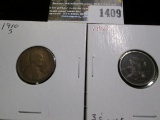 1910 S Lincoln Cent, VG & 1866 U.S. Three Cent Nickel.