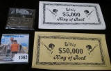 $5,000 & $50,000 Elvis King of Rock Scrip & a metal Reader's Digest $125,000 Note.