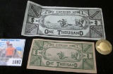 Pair of two different 1947 One Thousand $ Pony Express Money notes & a 20c Prison Token from the Com