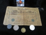 (3) German Coins (two are Nazi Germany); 15c Token; & 1910 One Thousand Mark German Banknote.