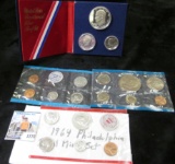 1969 P & D Cent, 1969 S Nickel, 1969 P Dime, & 1969 P Quarter in original blue Mint cellophane; 1976