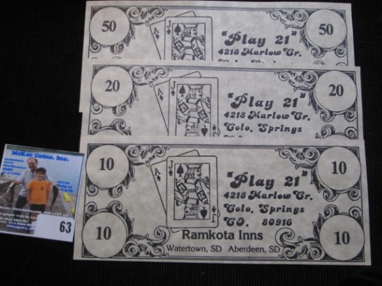 $10, $20, & $50 Scrip from "Play 21 Marlow Creek, Colo. Springs, Co. 80916 Ramkota Inns Watertown, S