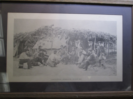 Large framed black and white print from the Library of Congress titled "Cock Fighting - Petersburg -