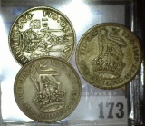 1927, 31, & 38 Great Britain Silver Shillings.