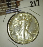 1943 High grade WW II Silver Walking Liberty Half Dollar.