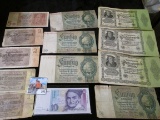 Germany Banknotes: (2) 1937 One Rentenmark, (2) 1937 Two Rentenmark, 1942 Five Reichsmark, 1991 Ten