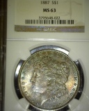1887 P Morgan Silver Dollar, NGC slabbed MS 63 with reverse VAM sticker VAM 35 Chip on Wheat Leaf…