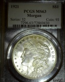 1921 P Morgan Silver Dollar slabbed PCGS MS63 with VAM sticker 