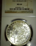 1921 P Morgan Silver Dollar NGC slabbed MS 64 with reverse VAM sticker 