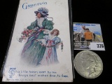 1923 P U.S. Peace Silver Dollar & 1909 Stamped Post card with a pair lovely Ladies depicted in Victo