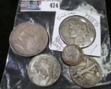 More silver - 1935 S Peace $ w Rev damage, 1922 Peace $, 1966 40% Silver Kennedy, 1945 Walker half,&