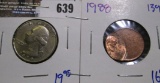 1979 Washington Quarter With A Rim Clip And A Double Struck 1988 Memorial Cent