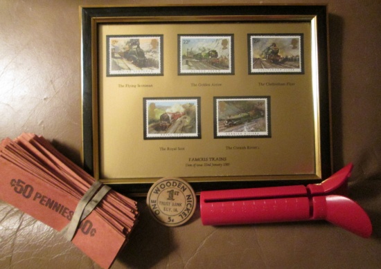 Group Of Cent Wrappers & A Plastic Tuber; 1972 Ely, Iowa Wooden Nickel; And A Framed Set Of Stamps "