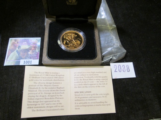 1986 Great Britain Five Pound Gold Coin in original case of issue. Mtg. 7,723 pcs. KM#945. Weighs 39