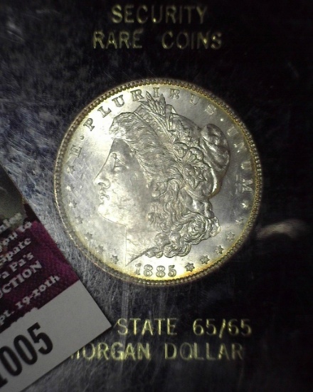 1885 P Morgan Silver Dollar, Slabbed by Security Rare Coins Mint State 65/65.