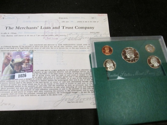 1921 "The Merchants' Loan and Trust Company" Promissory Note & 1998 S U.S. Proof Set in original box