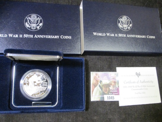 1991-1995 World War II 50th Anniversary Commemorative Proof Silver Dollar in original box of issue.