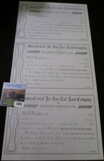 Uncut original sheet of 1850 era "Iowa Central Air Line Rail Road Company Interest Certificate(s)".