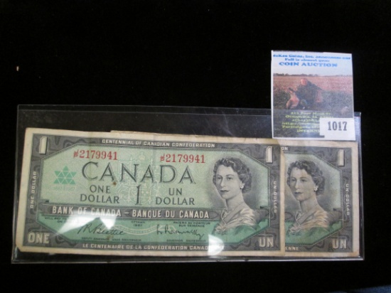 Pair of Series 1967 Bank of Canada One Dollar notes. (no longer in use).