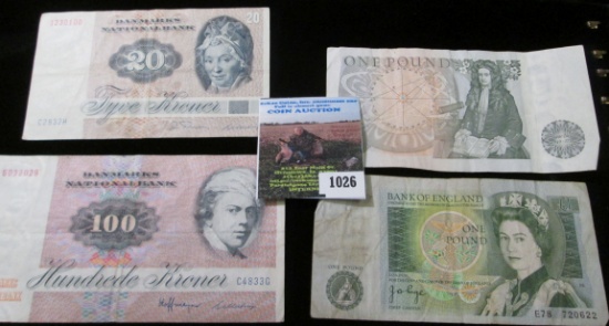 Pair of Great Britain One Pound Notes and a 20 & 100 Kroner Notes from Denmark.