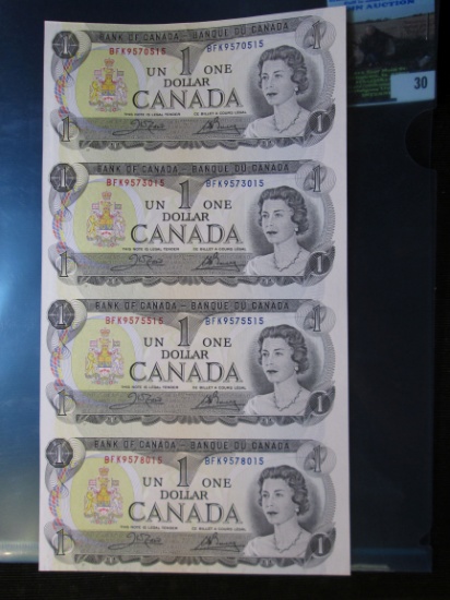 Uncut Sheet Of 4- Series Of 1973 Canadian One Dollar Bank Notes