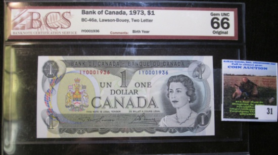 1973 Bank Of Canada $1 Bank Note Graded Ms 66 By Banknote Certification Service