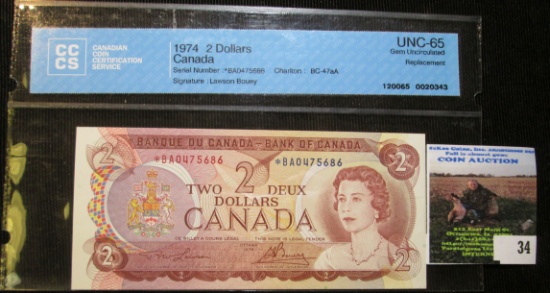 1974 Bank Of Canada Two Dollar Star Replacement Note Graded Unc 65 By Canadian Coin Certification Se