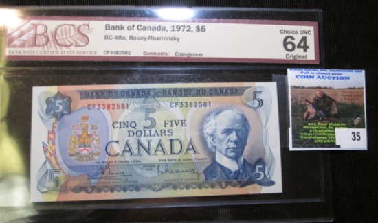 1972 Bank Of Canada $5 Bank Note Graded Unc 64 By Banknote Certification Service