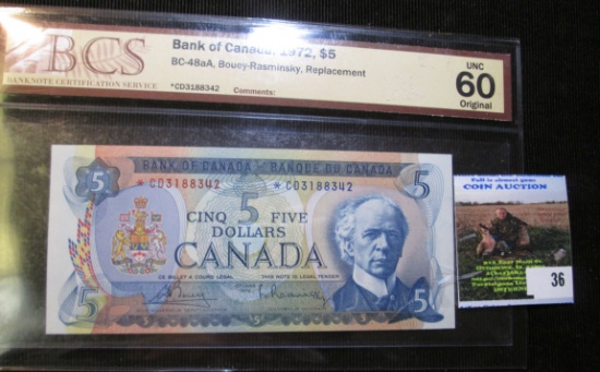 1972 Bank Of Canada $5 Star Replacement Bank Note Graded Unc 60 By Banknote Certification Service