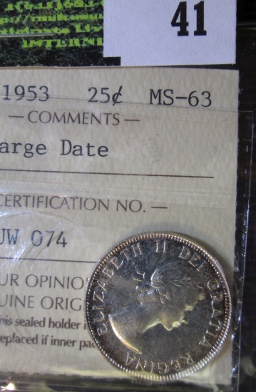 1953 Large  Date Canadian Quarter Graded Ms 63.  This Books For Around $30