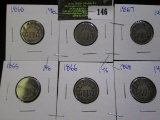 6 Shield Nickel Dated 1865, 1866, 1867, 2- 1868, And 1874