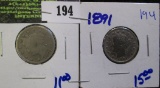 1887 And 1891 Liberty Nickels