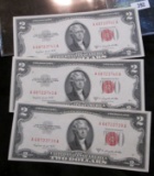 3- Crisp And Consecutive Series Of 1953-B Two Dollar Red Seal Notes