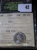 1956 Canadian Silver Dime With Dot Variety Graded Ms -64.  In Ms 63 This Dime Books For Around $30