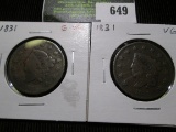 (2) 1831 U.S. Large Cents, G-VG & Vg.