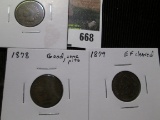 (3) coin lot of Indian Head Cents: 1868 Good but pitted, 1878 Good with some pits, 1879 EF cleaned.