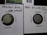 1853 U.S. Three Cent Silver, Fine with pitted obverse & 1854 U.S. Three Cent Silver, bent and scratc