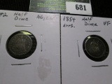 1842 U.S. Seated Liberty Half Dime, AG bent; & 1854 arrows at date U.S. Seated Liberty Half Dime, VF