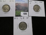 1913 Type One Buffalo Nickel EF-AU; 1913 D Type One fine; 13 P Type Two VF Buffalo Nickels.