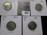 1914 VG, 14 S Good,. 15 P Fine, & 15 D Fine Buffalo Nickels.