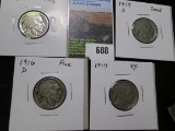 1916 Fine, 16 D Fine, 17 D Fine, & 17 S Good Buffalo Nickels.