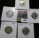 1918 P Fine, 18 D VG, 26P EF, 30P EF, & 36 P Choice AU Buffalo Nickels