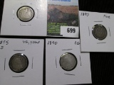 U.S. Seated Liberty Dime Lot: 1857 Good, 1875 S VG with pits, 1890 AG, & 1890 Fine.