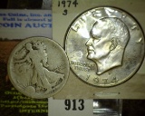 1917 Reverse S Walking Liberty Half Dollar & a Proof 1974 S Eisenhower Dollar/