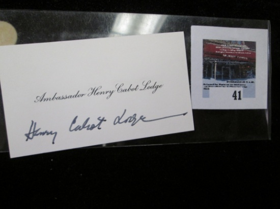 Autographed Business Card From Ambassador Henry Cabot Lodge.  Henry Had A Distinguished Career In Po