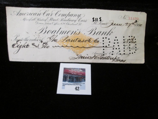 June 27, 1900 Cancelled Check drawn on "Boatmen's Bank" by the "American Car Company" with Gold Inte