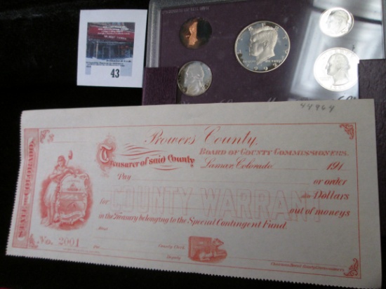 1910 era State of Iowa Unissued check "Prowers County Lamar, Colorado" & 1992 S U.S. Proof Set in or